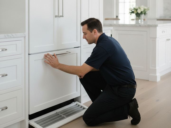 A technician in a navy polo kneeling at a panel-ready built-in refrigerator in a white kitchen, its bottom grille off on the floor