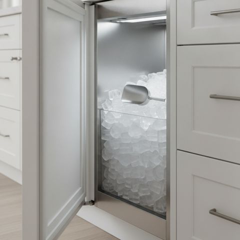 A panel-ready under-counter ice maker in a kitchen island, its door open on clear ice and a scoop