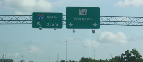 Overhead signs on I-75 for the State Road 60 exit to Brandon