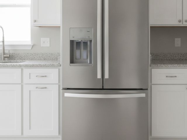 The doors of a stainless steel French door refrigerator with a water and ice dispenser, between white cabinets