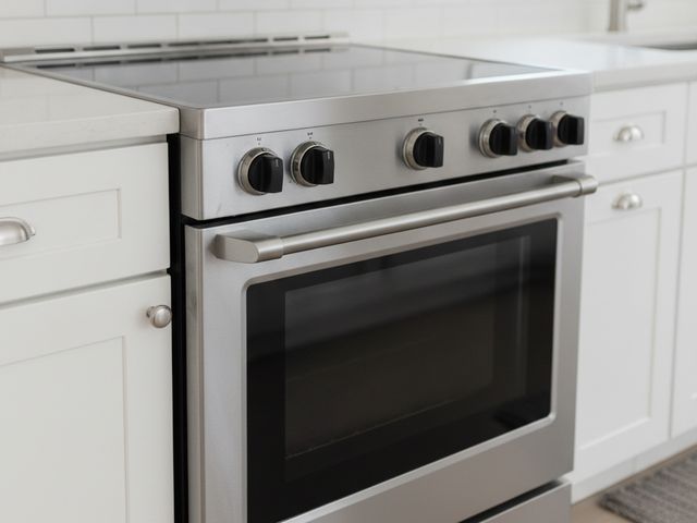 A stainless steel slide-in electric range with a smooth glass top, between white cabinets