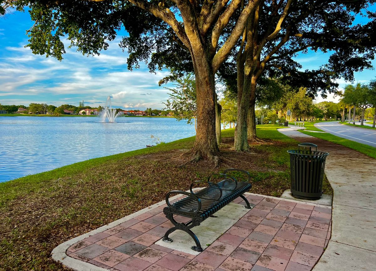A bench under oak trees beside a lake with a fountain in Coconut Creek, houses on the far shore and a boulevard to the right