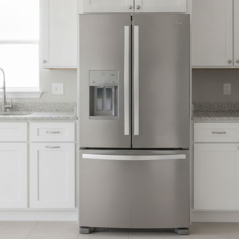 A stainless steel French door refrigerator between white kitchen cabinets