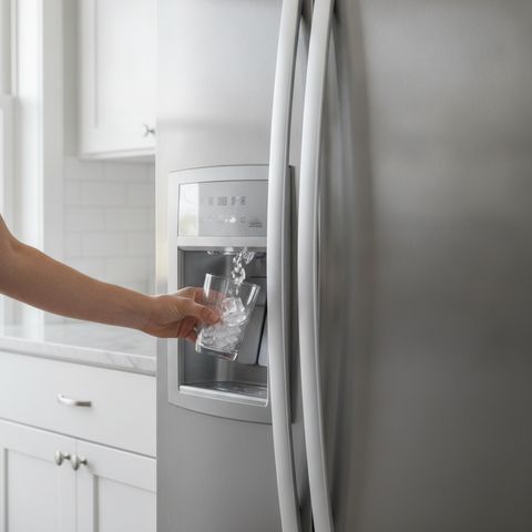 A hand holding a glass to the ice dispenser in a refrigerator door