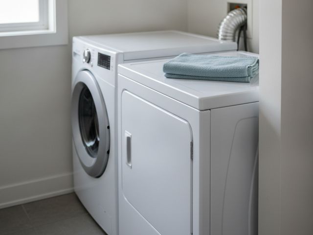 A laundry closet with a white washer and dryer side by side, the dryer’s duct running into the wall