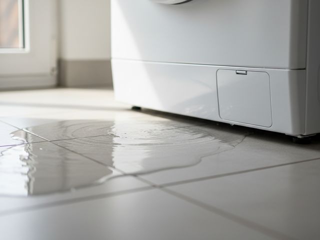 A front-load washer standing in a sheet of water on a tiled laundry floor