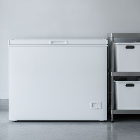 A white chest freezer against a garage wall, storage bins on a metal shelf beside it