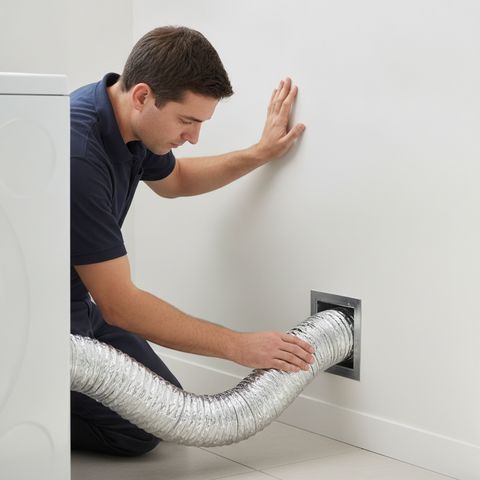 A technician in a navy polo kneeling at a laundry room wall, one hand on the dryer duct where it enters the wall