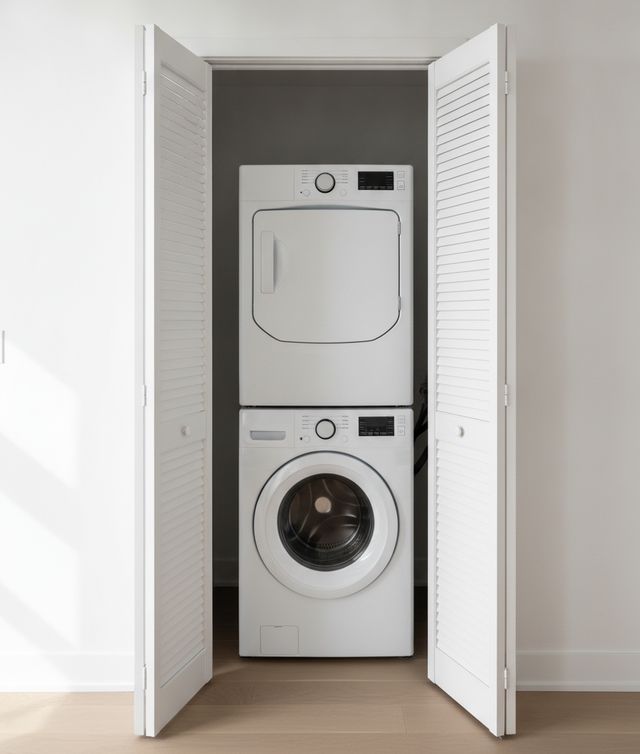 A laundry closet in a condo hallway, its white louvered doors folded open around a white washer and dryer stacked inside