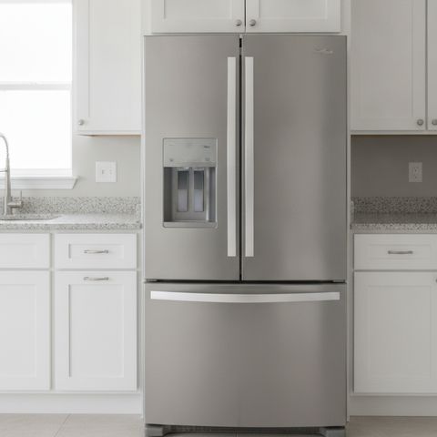 A stainless steel French door refrigerator between white kitchen cabinets