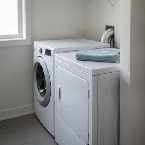 A laundry closet with a white washer and dryer side by side, the dryer’s duct running into the wall