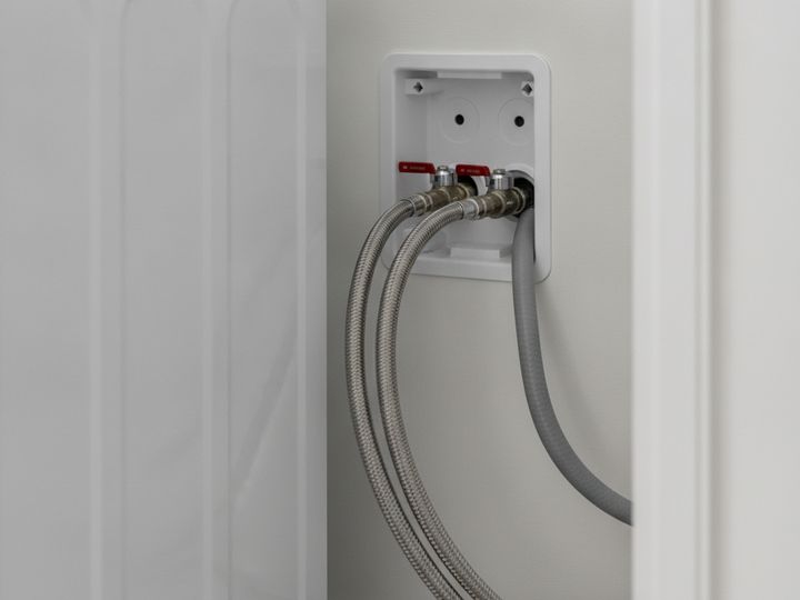 Braided steel hoses running from two shut-off valves in a wall box to the back of a washer