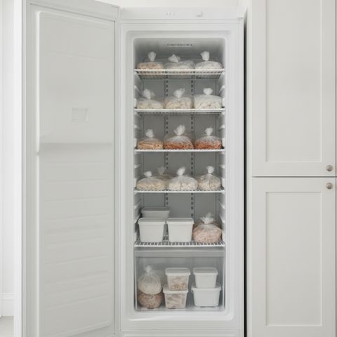 An upright freezer standing open, its wire shelves stocked with frozen food