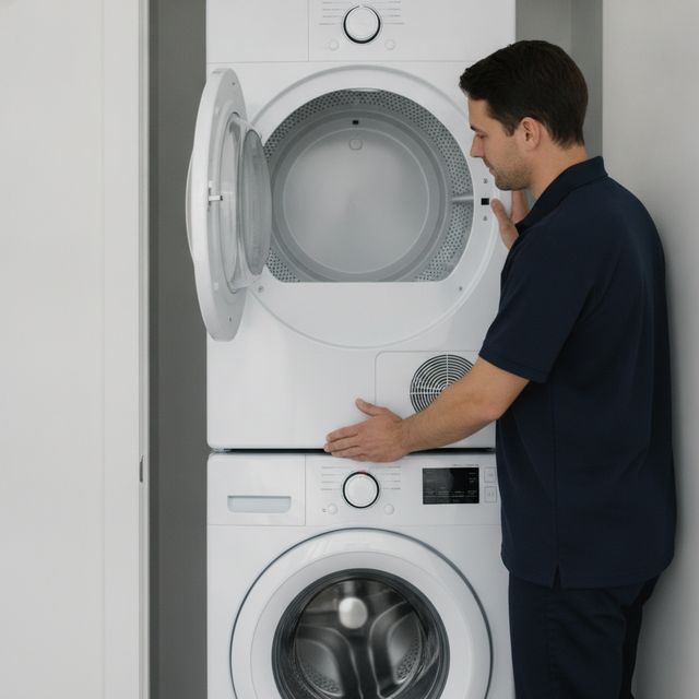 A technician in a navy polo looks into the open drum of a dryer stacked on a washer, one hand on the dryer’s front