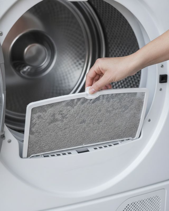 A hand lifting a dryer’s lint screen, gray with lint, out of its slot at the bottom of the door opening