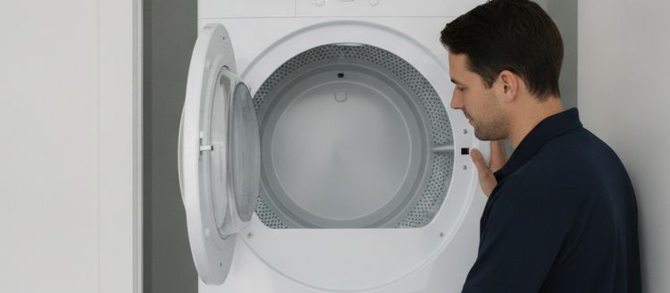 A technician looking into the open drum of a stacked dryer