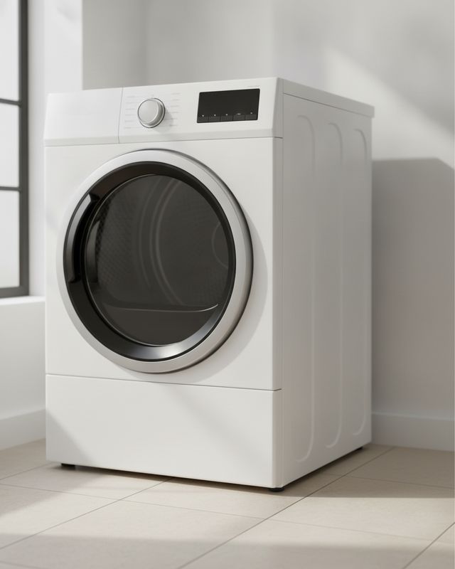 A white front-load dryer with a round glass door in a bright laundry room