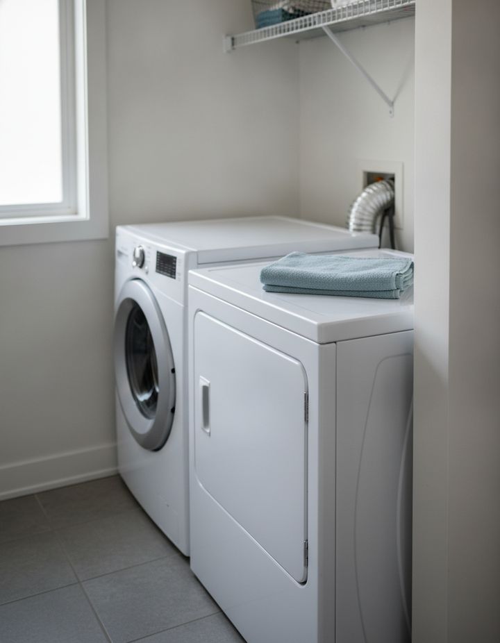 A laundry closet with a white washer and dryer side by side, the dryer’s duct running into the wall behind it