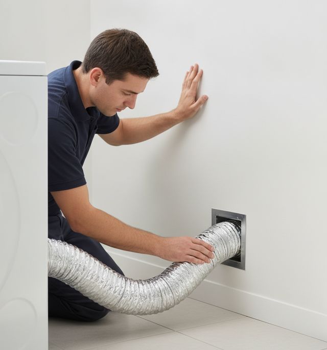 A technician in a navy polo kneeling at the wall, one hand on the wall and the other on the dryer duct where it enters the wall opening