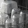 Upturned plastic cups and containers in a dishwasher’s top rack, still wet with droplets
