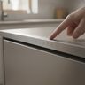 A fingertip on the hidden control buttons along the top edge of a dishwasher door