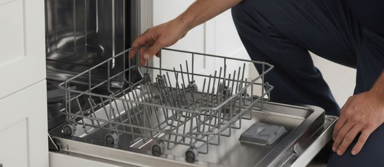 A technician’s hand on the lower rack of an open dishwasher, the rack rolled out onto the door