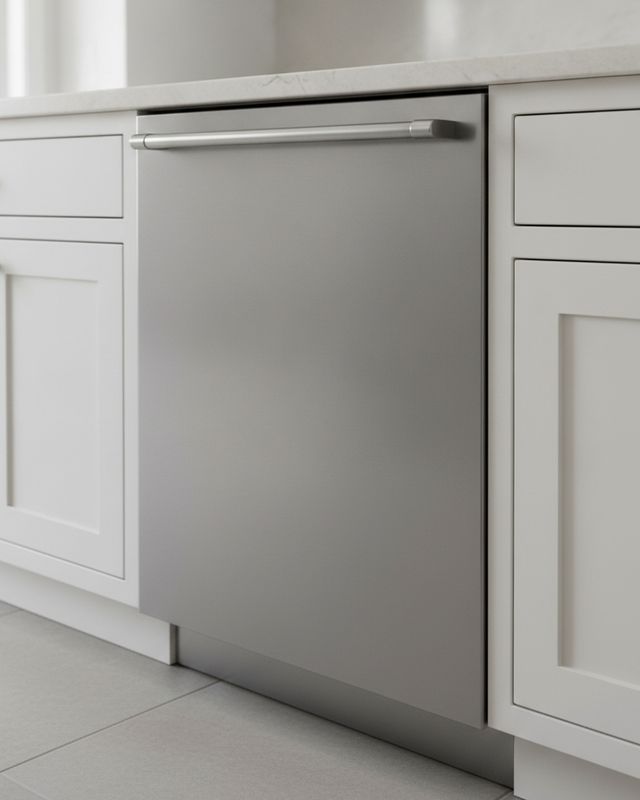 A stainless steel built-in dishwasher with a bar handle, fitted under a stone countertop between white cabinets