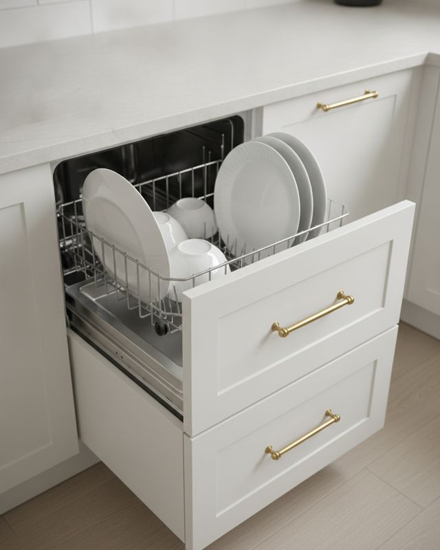 A dishwasher drawer with a white panel front pulled open under the counter, white plates standing in its rack