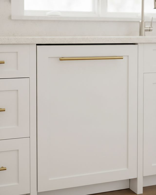 A dishwasher behind a white shaker cabinet panel with a brass pull, matching the drawers beside it