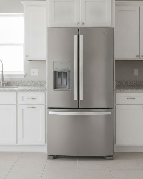 A stainless steel French door refrigerator with a freezer drawer below, between white kitchen cabinets