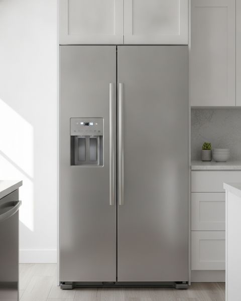 A stainless steel side-by-side refrigerator with a water and ice dispenser, fitted between white cabinets