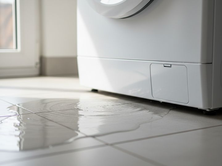 A front-load washer standing in a sheet of water on a tiled laundry floor