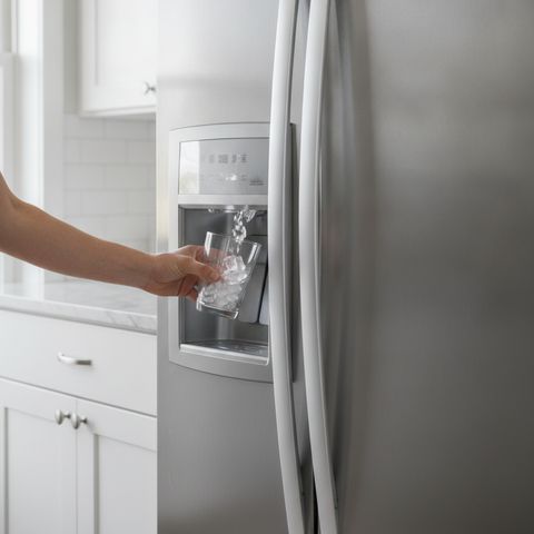 A hand holding a glass under the ice dispenser in a stainless refrigerator door