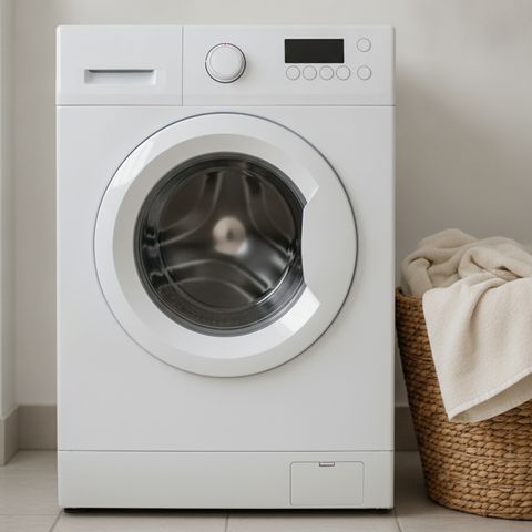 A white front-load washing machine on a tiled floor beside a basket of towels