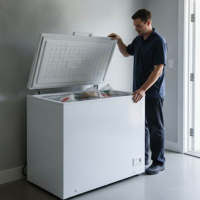 A technician in a navy polo holds up the lid of a white chest freezer by a doorway and looks into it