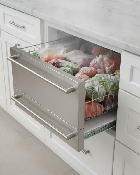 A stainless freezer drawer pulled out from under a kitchen counter, its basket packed with frozen food