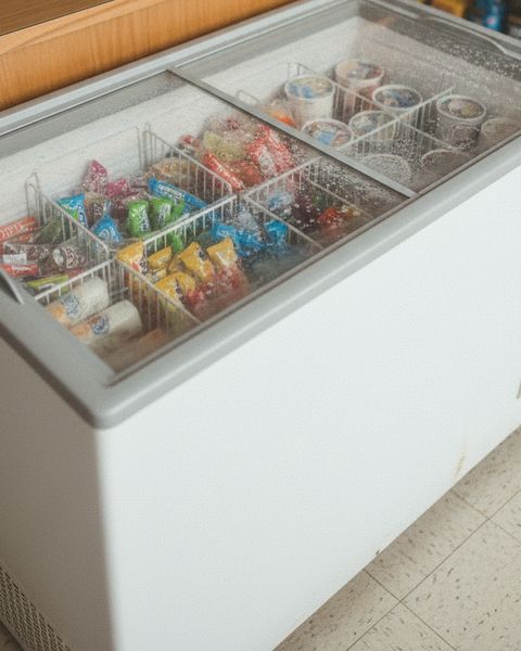 A glass-top chest freezer of ice pops and ice cream beside a small shop’s counter