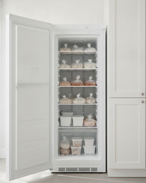 A white upright freezer standing open in a laundry room, its wire shelves stocked with frozen food