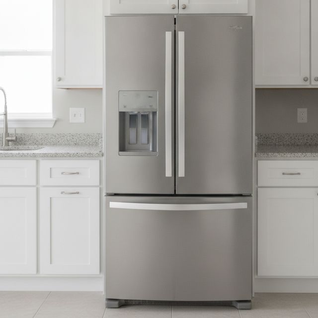 A stainless steel French door refrigerator with a freezer drawer, in a bright white kitchen
