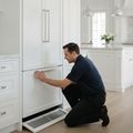 A technician kneeling at a panel-ready built-in refrigerator set into white cabinets, its bottom grille off on the floor