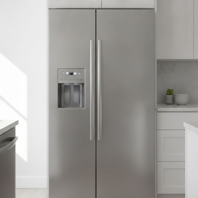 A stainless steel side-by-side refrigerator with a water and ice dispenser, fitted between white cabinets