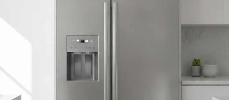 The doors and water and ice dispenser of a stainless steel side-by-side refrigerator