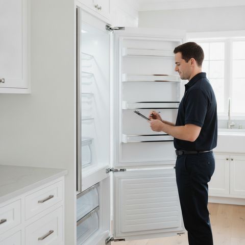 A technician in a navy polo writing on a clipboard beside an open built-in refrigerator