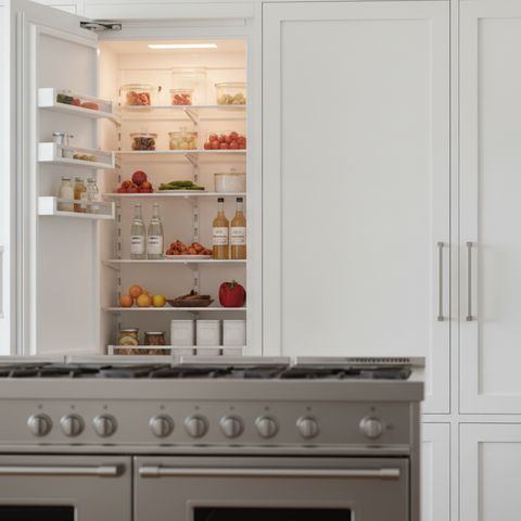 A panel-ready built-in column refrigerator standing open in a bright kitchen