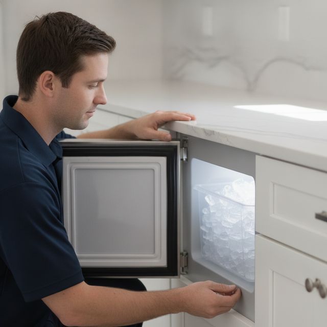 A technician in a navy polo kneels at a built-in under-counter ice maker, its door open on a bin of ice