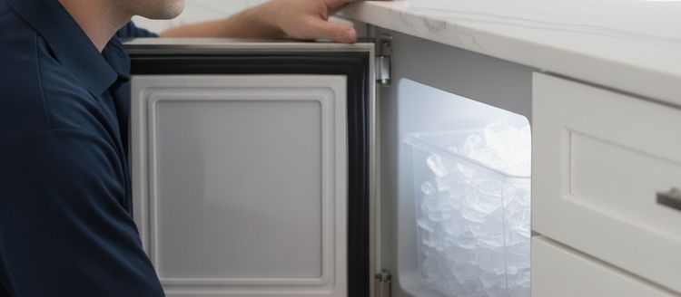 An under-counter ice maker standing open on a bin of clear ice, a technician kneeling beside it