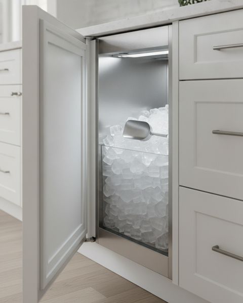 A panel-ready under-counter ice maker in a kitchen island, its door open on clear ice and a scoop