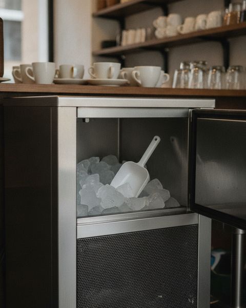A stainless under-counter ice machine behind a café counter, its bin open on heaped ice