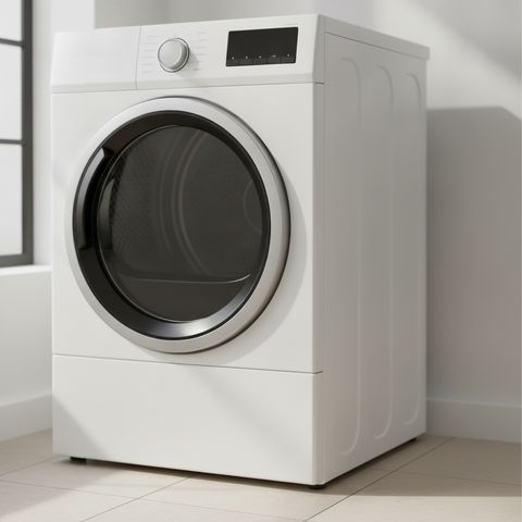 A white front-load dryer with a round glass door in a bright laundry room