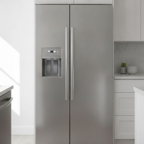 A stainless steel side-by-side refrigerator with a water and ice dispenser, fitted between white cabinets